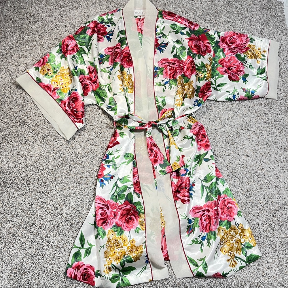 Vintage Cacique Satin Floral Robe with Chiffon Trim Kimono Sleeves Size L